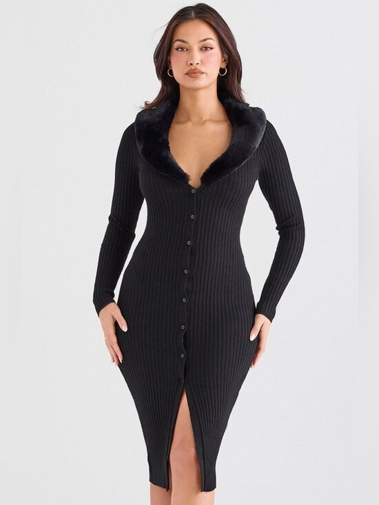 House of CB Dresses & Skirts - House of CB Black Faux Fur Trim Ribbed Bodycon Long Sleeve Dress Small DS3